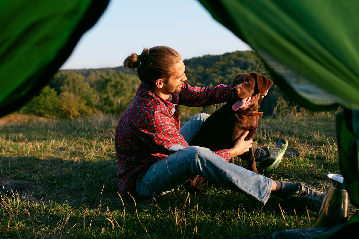 a fotón egy fiatal férfi ül egy sátor előtt csokoládébarna kutyájával, valószínűleg túráznak
